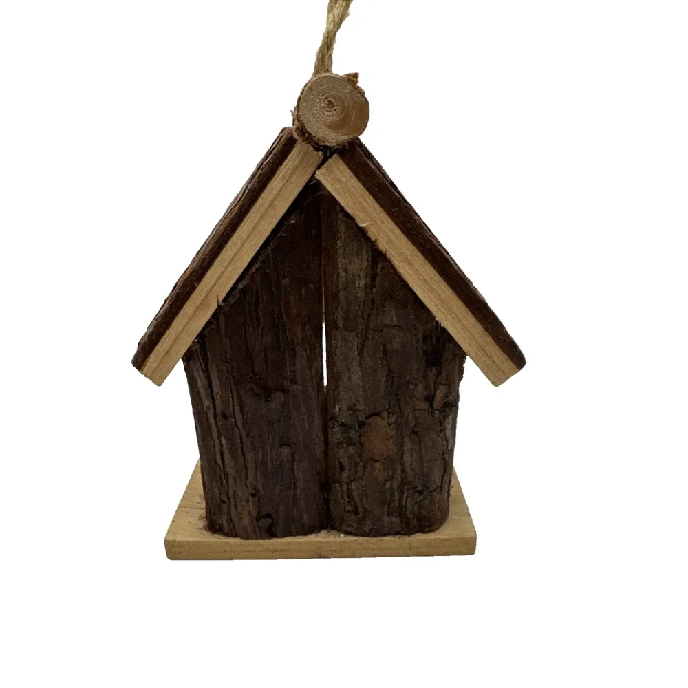 Rustic Farmhouse Cabin Wooden Bird House - Wood Bark Hanging Perch